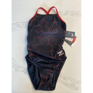 Speedo One‎ Piece Swim Suit Sz 6 / 22 Black Red Yth Girls Race Swimsuit Meet NWT